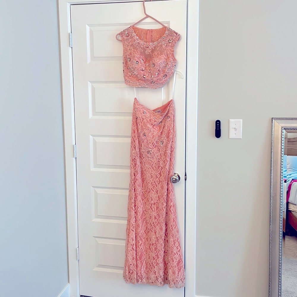 Pink Lace Two Piece Prom Dress - JVN by Jovani